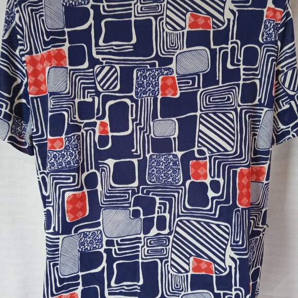 Vintage Blouse Button Down Shirt Women's Sz XL Blue Red White Geometric Retro - Picture 12 of 14